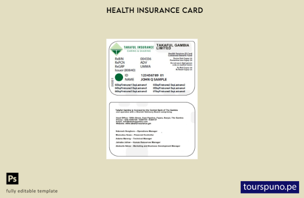 Plantilla de tarjeta de seguro médico de Gambia lista para imprimir
